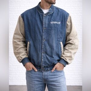 Vintage Caterpillar Denim Varsity Jacket Mens L Workwear CAT Snap Front